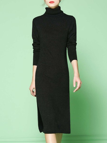 Black Slit Long Sleeve Turtleneck Sweater Dress - StyleWe.com